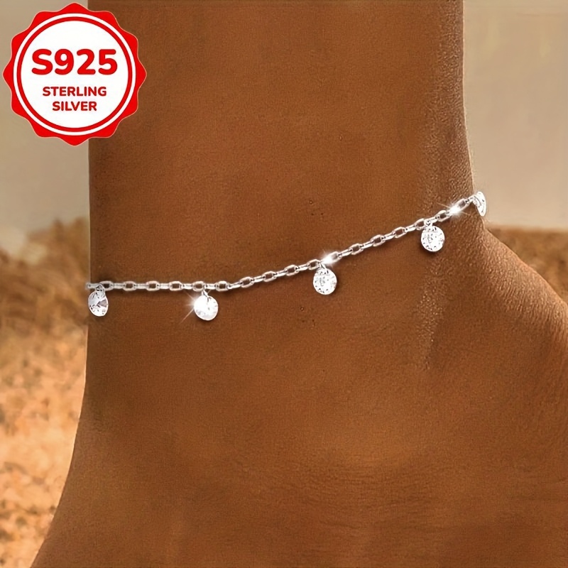 Women's S925 Sterling Silver Fashionable Anklet with Zircon Tassel